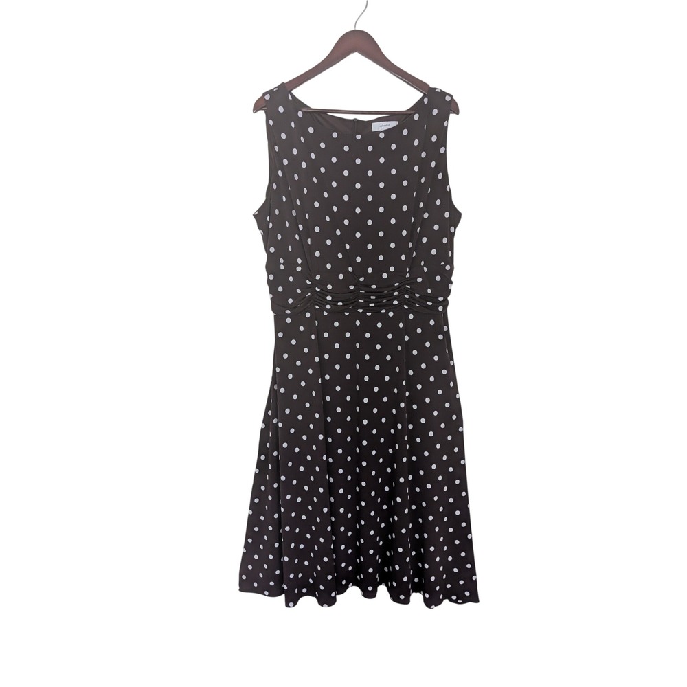 CJ Banks Womens 22W Brown Polka Dot Sleeveless Ruched Waist A-Line Midi Dress